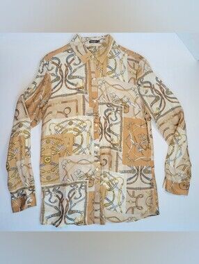 J. Mclaughlin Equestrian Silk Blend Blouse Size M Button-Up Gold Bridles Print